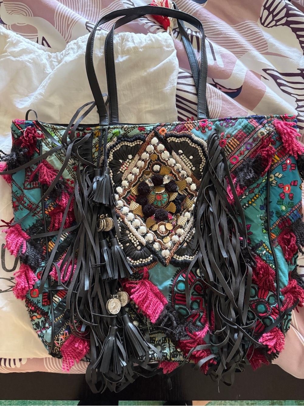 Vipul Shah Boho Embellished Tote Bag in Teal and Fuchsia zippered